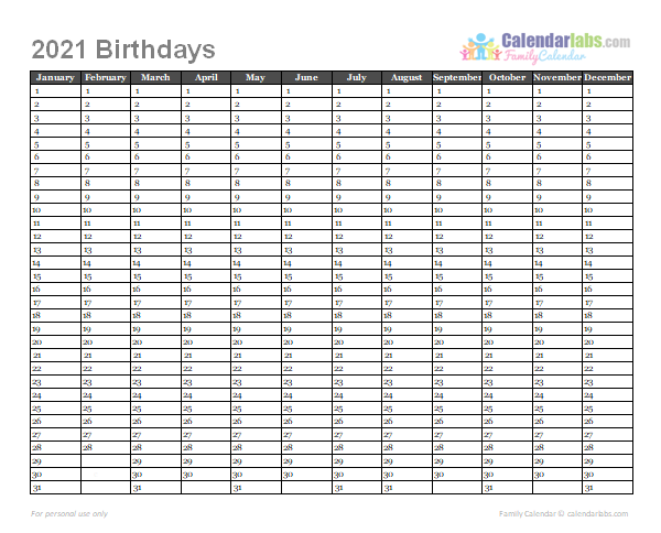 2021 Birthday Calendar Template - Free Printable Templates