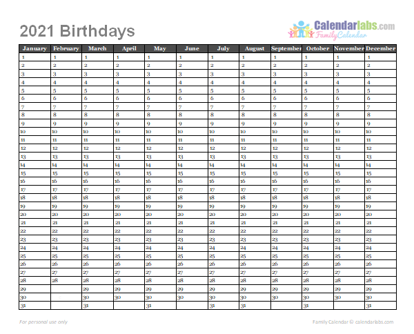 2021 birthday calendar template free printable templates