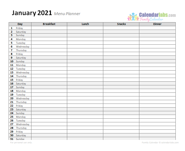 2021 Monthly Menu Planner