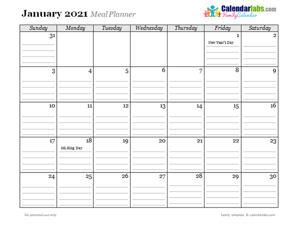 2021 Monthly Menu Planner