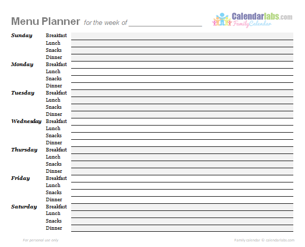 2021 Weekly Menu Planner