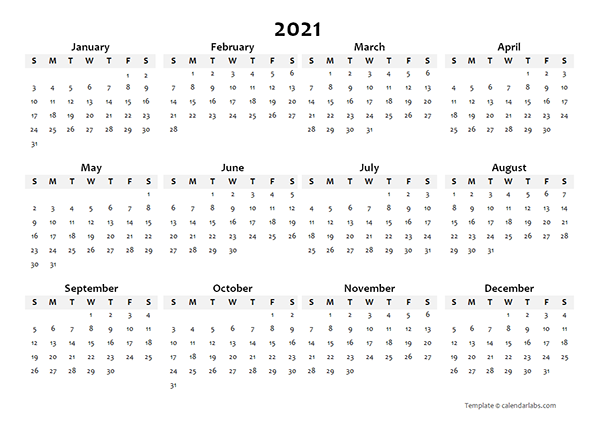 2021 Annual Blank Word Calendar Template