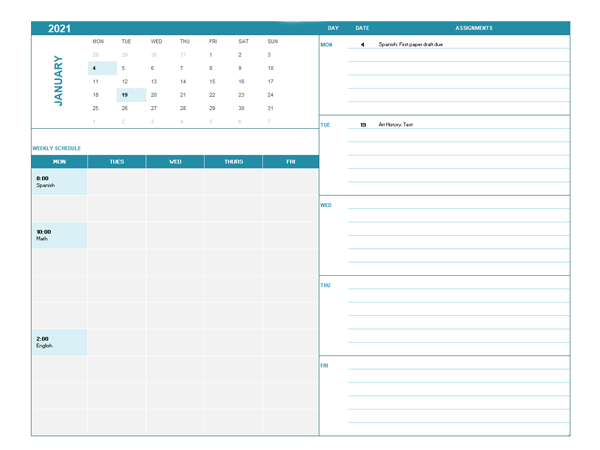 2021 Assignment Calendar For Students