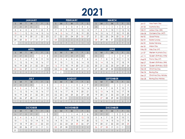 2021 Australia Annual Calendar with Holidays