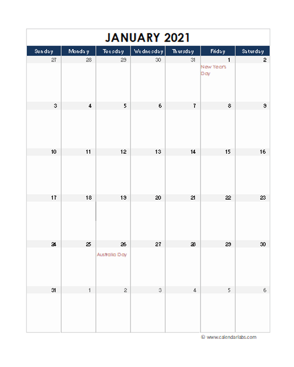 2021 Australia Calendar Spreadsheet Template