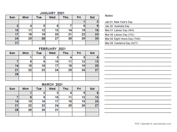 2021 Australia Quarterly Calendar with Holidays