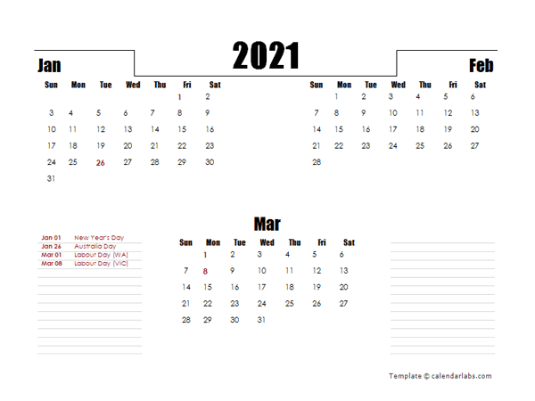 2021 Australia Quarterly Planner Template