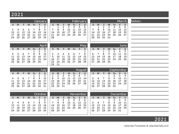 2021 Blank 12 Month Calendar in One Page