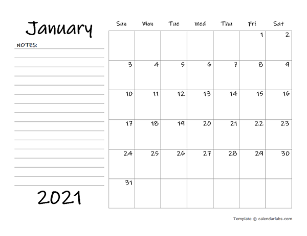 2021 Blank Calendar Template with Notes