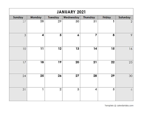 2021 Blank Monthly Calendar