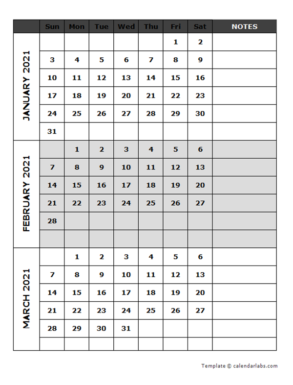 2021 Blank Quarterly Calendar