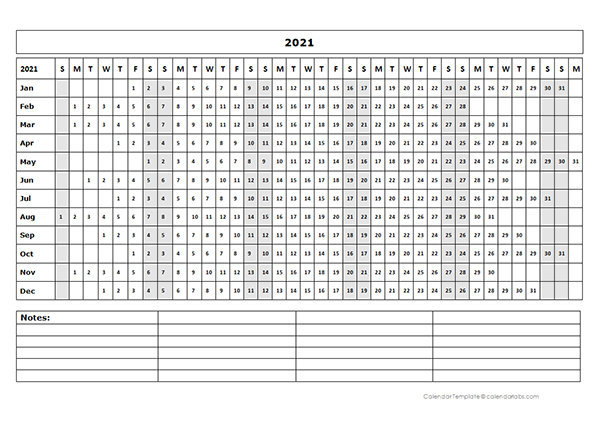 2021 Blank Landscape Yearly Calendar Template