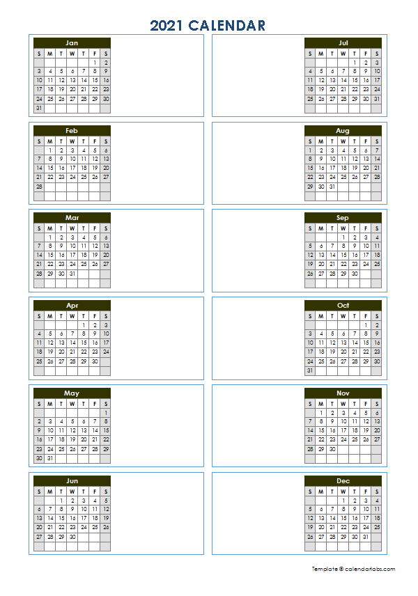 2021 Blank Yearly Calendar Template Vertical Design - Free Printable