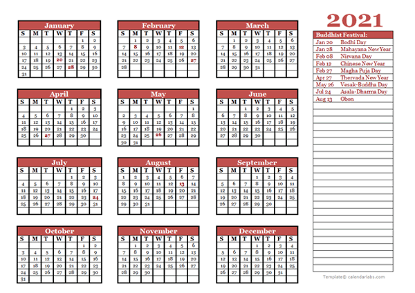 2021 Buddhist Festivals Calendar Template