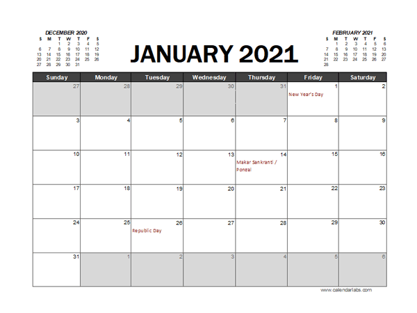 2021 Calendar Planner India Excel