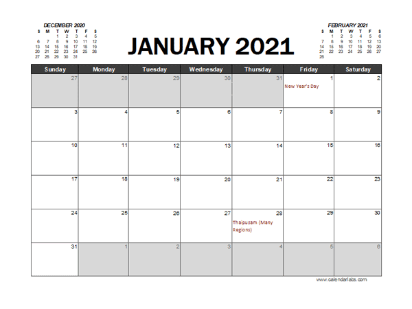 2021 Calendar Planner Malaysia Excel