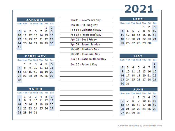 2021 Calendar Template 6 Months Per Page