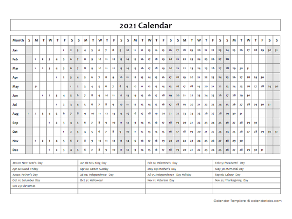 2021 Calendar Template Year at a Glance