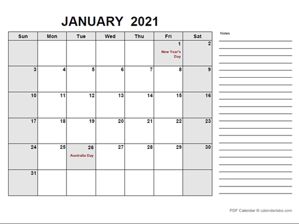 2021 Calendar with Australia Holidays PDF