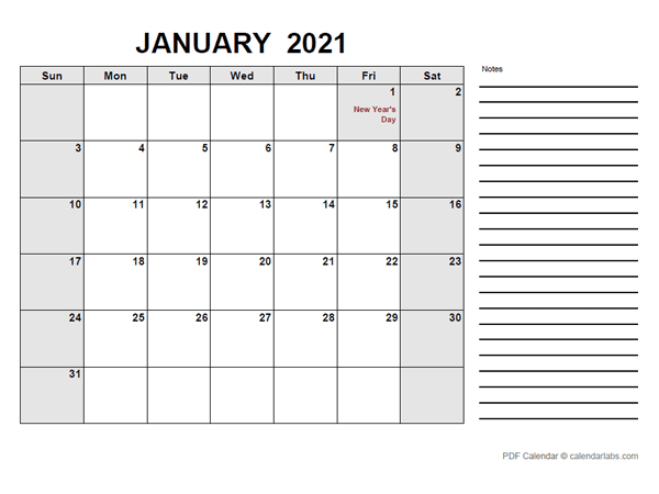 2021 Calendar with Canada Holidays PDF