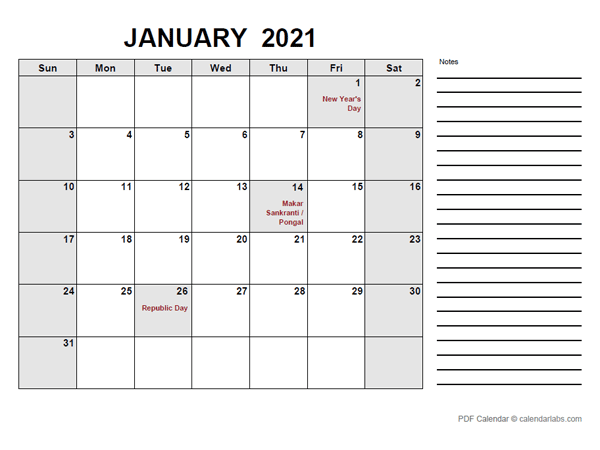 2021 Calendar with India Holidays PDF