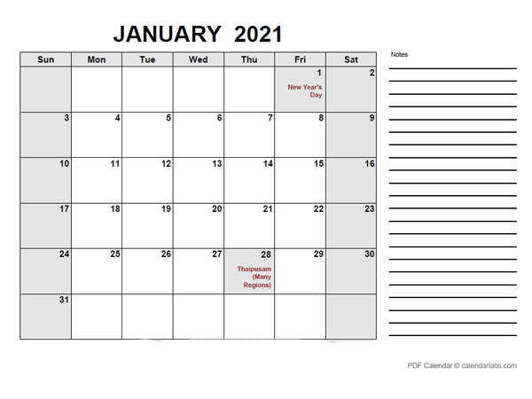 2021 Calendar with Malaysia Holidays PDF