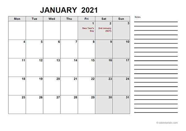 2021 Calendar with UK Holidays PDF