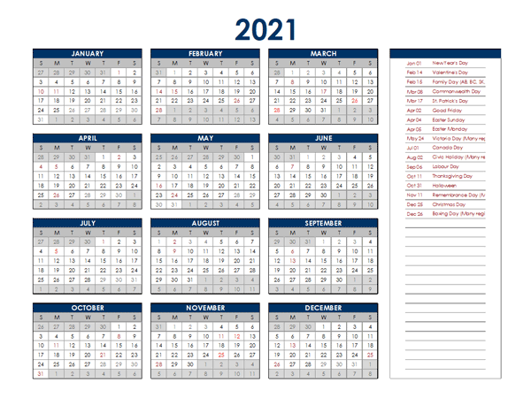 2021 Canada Annual Calendar with Holidays