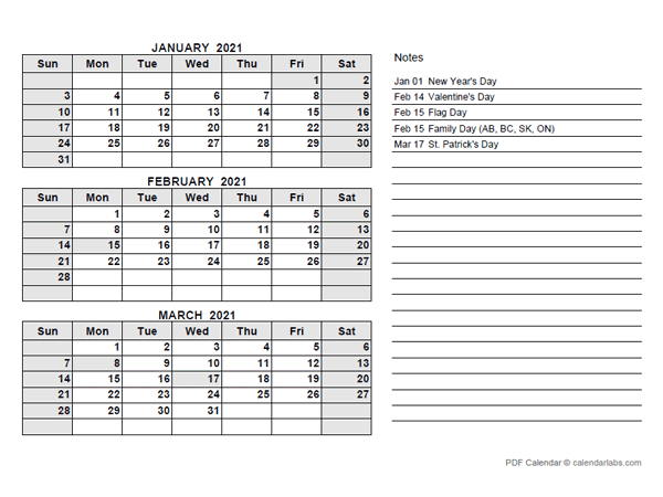 2021 Canada Quarterly Calendar with Holidays