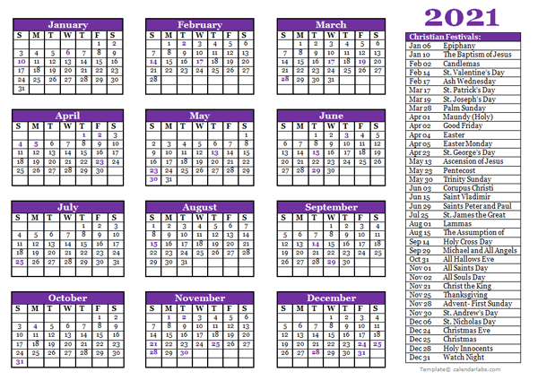 2021 Christian Festivals Calendar Template
