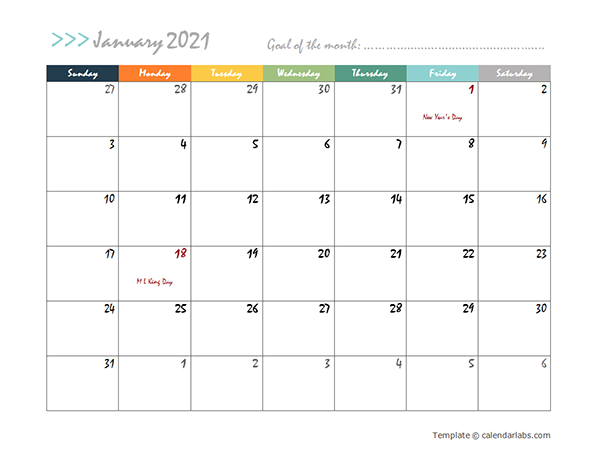 2021 Monthly Word Calendar in Colorful Design