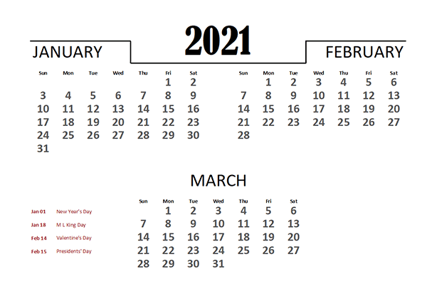 2021 Excel Quarterly Calendar Template