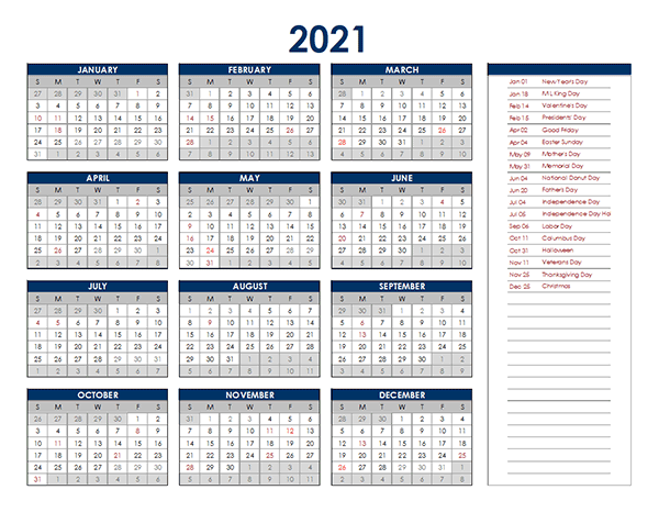 2021 Excel Yearly Calendar