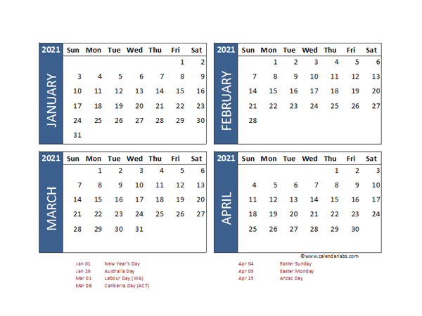 2021 Four Month Calendar with Australia Holidays