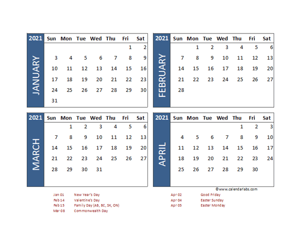 2021 Four Month Calendar with Canada Holidays