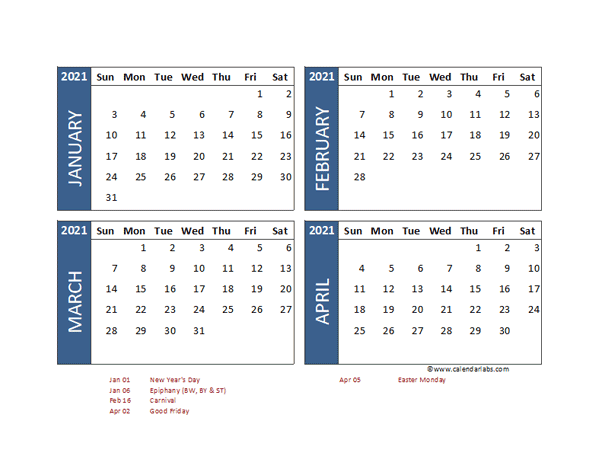 2021 Four Month Calendar with Germany Holidays