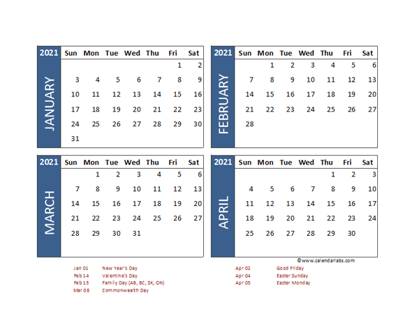 2021 Four Month Calendar with Hong Kong Holidays