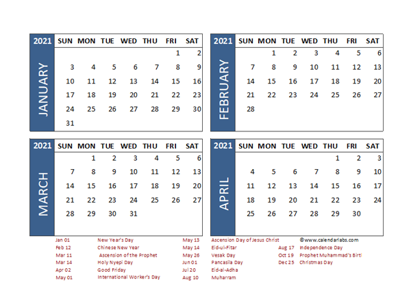 2021 Four Month Calendar with Indonesia Holidays