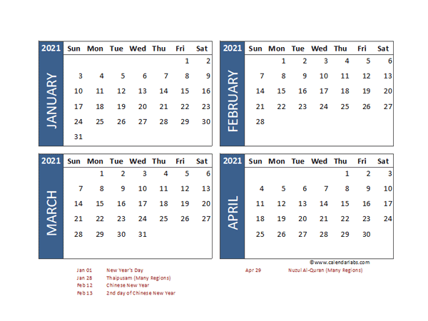 2021 Four Month Calendar with Malaysia Holidays
