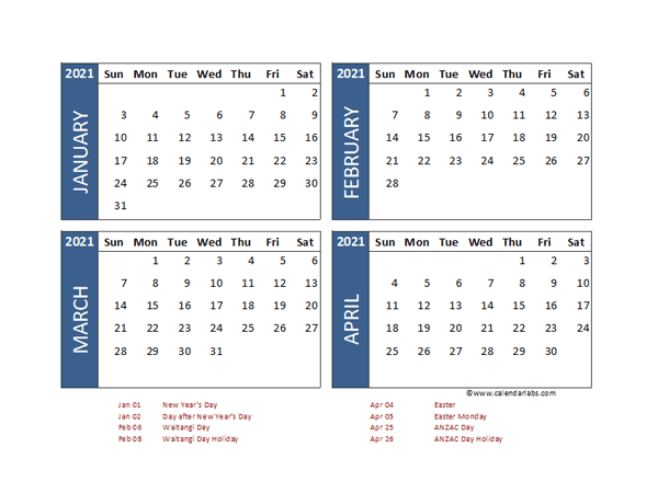 2021 Four Month Calendar with New Zealand Holidays