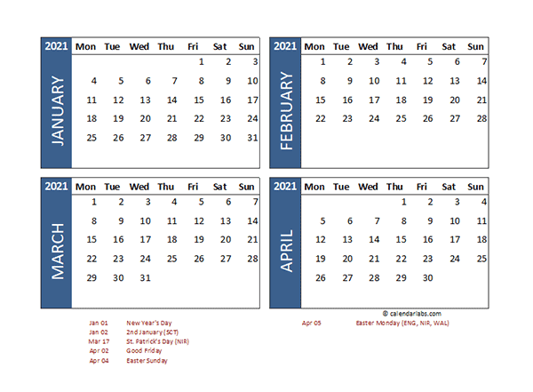 2021 Four Month Calendar with UK Holidays