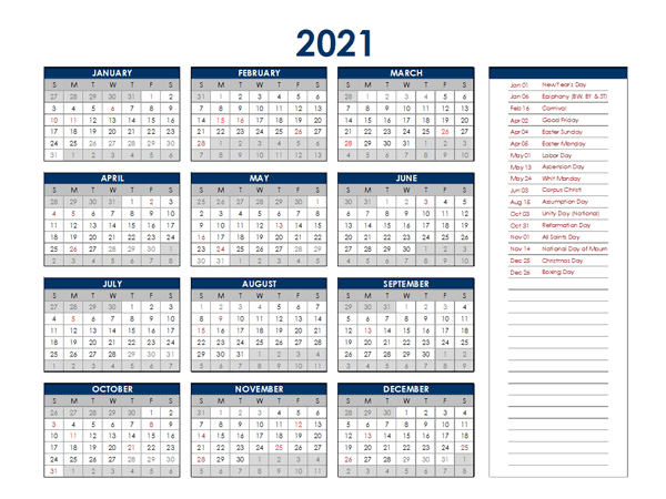 2021 Germany Annual Calendar with Holidays