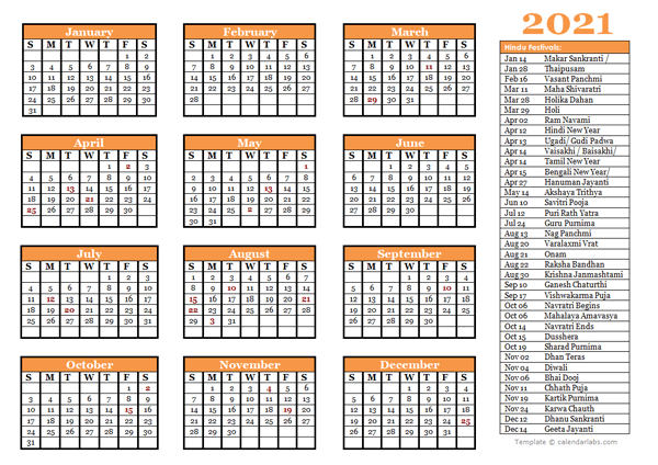 2021 Hindu Festivals Calendar Template