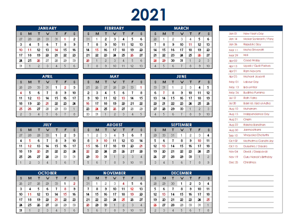 2021 India Annual Calendar with Holidays