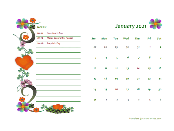 2021 India Calendar Free Printable Template