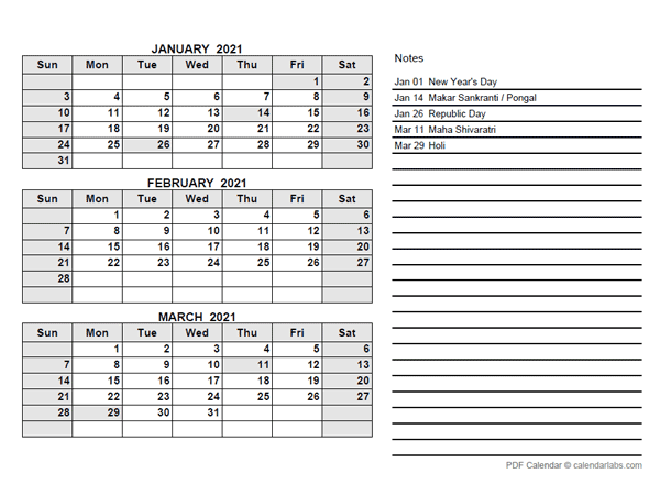 2021 India Quarterly Calendar with Holidays