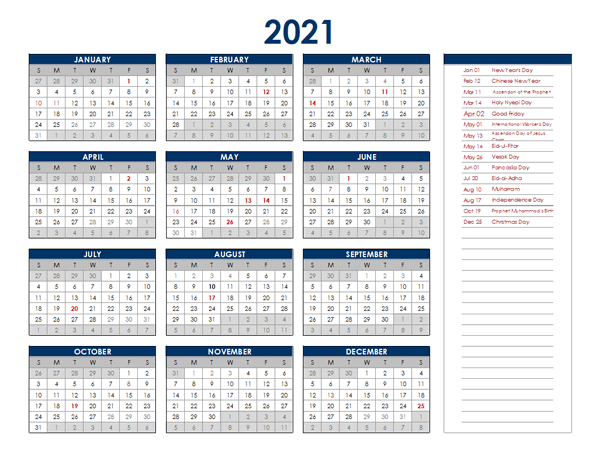2021 Indonesia Annual Calendar With Holidays Free Printable Templates