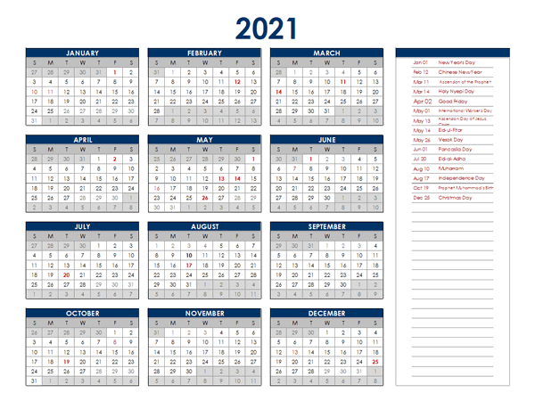 2021 Indonesia Annual Calendar with Holidays