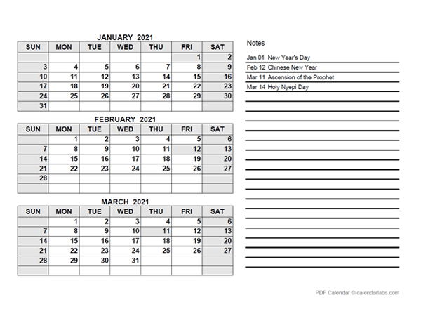 2021 Indonesia Quarterly Calendar with Holidays