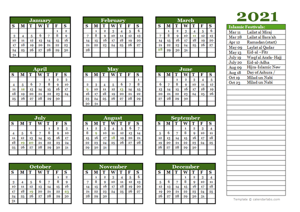 2021 Islamic Festivals Calendar Template